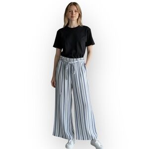 High Waisted Linen Blue Striped Wide Leg Relaxed Crop Palazzo Pants M